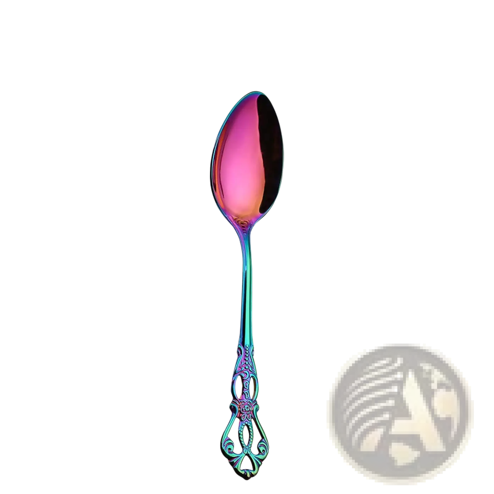 Royal court stainless steel cutlery set iridescent spoon with long ornate handle and reflective multicolor bowl