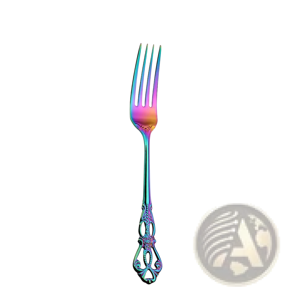 Royal court stainless steel cutlery set rainbow-colored ornate fork with metallic finish and floral handle detailing