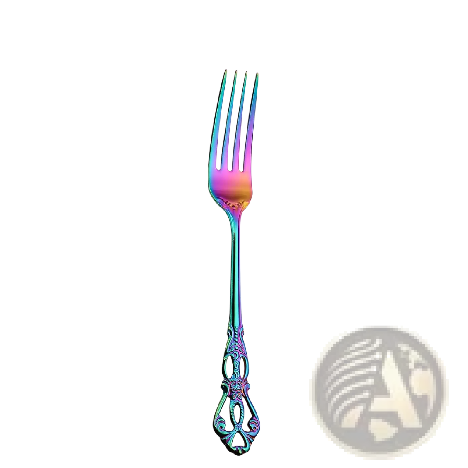 Royal court stainless steel cutlery set rainbow-colored ornate fork with metallic finish and floral handle detailing