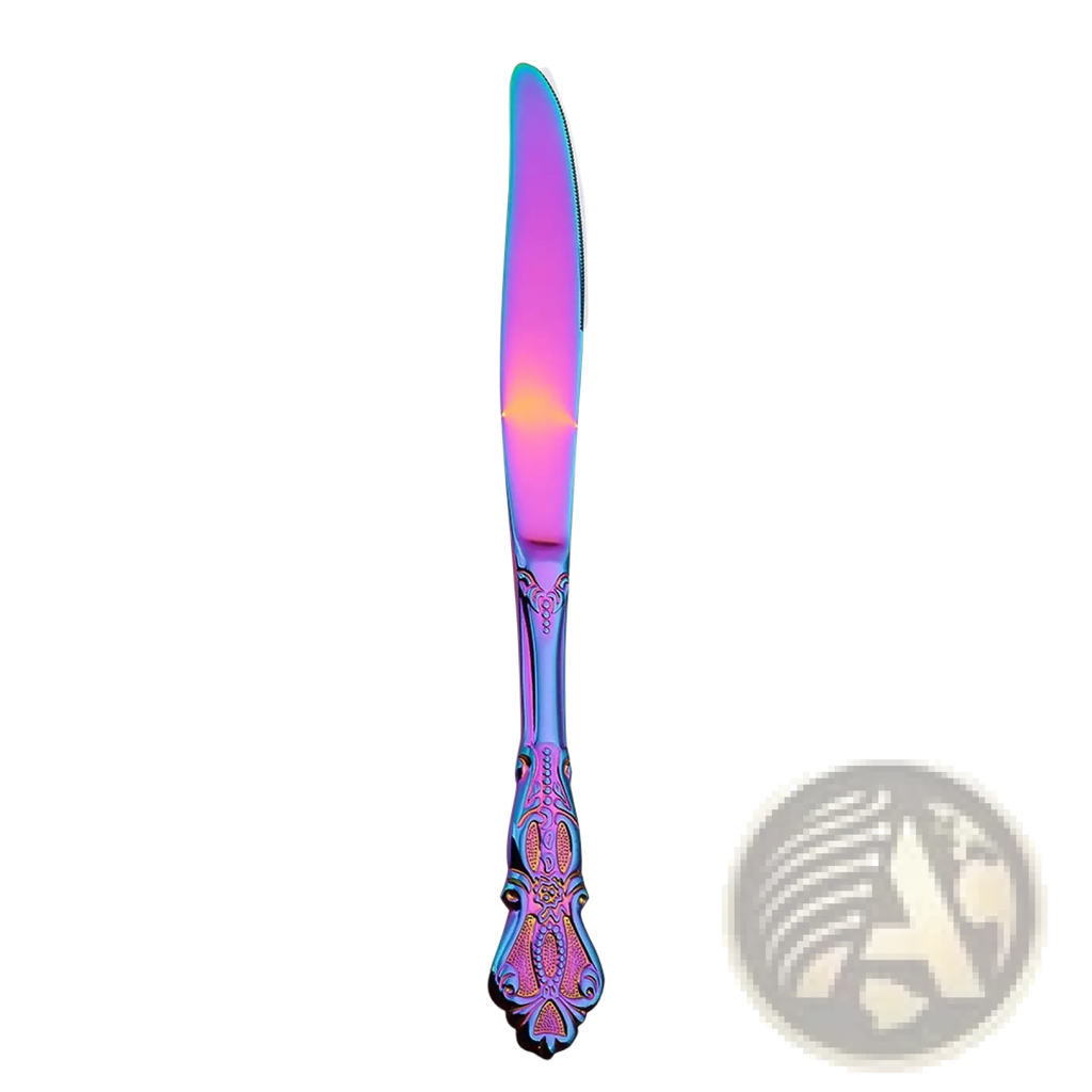 Iridescent purple and pink ornate stainless steel dinner knife with decorative handle from royal court cutlery set with box