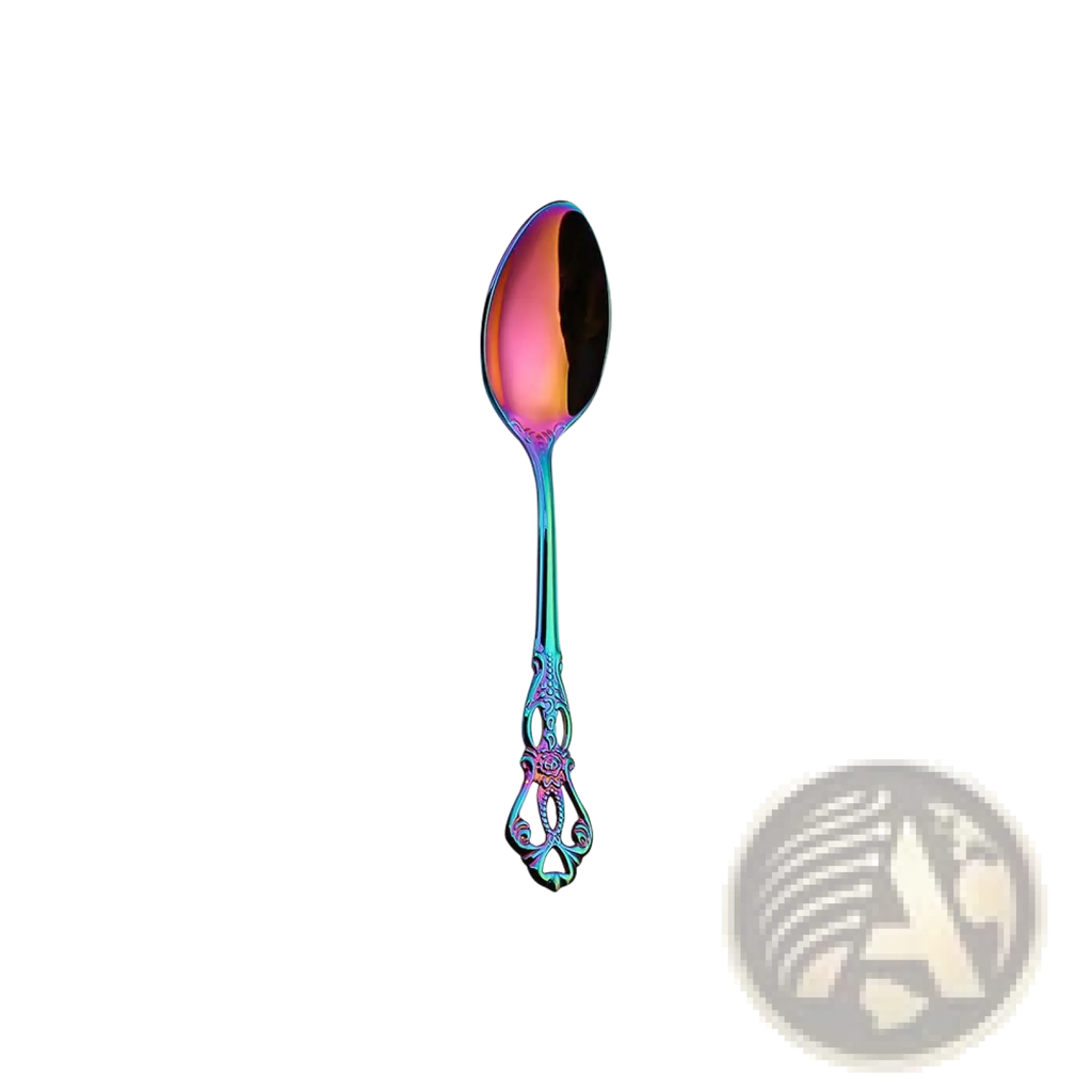 Royal court stainless steel cutlery set iridescent spoon with ornate handle and rainbow reflective bowl