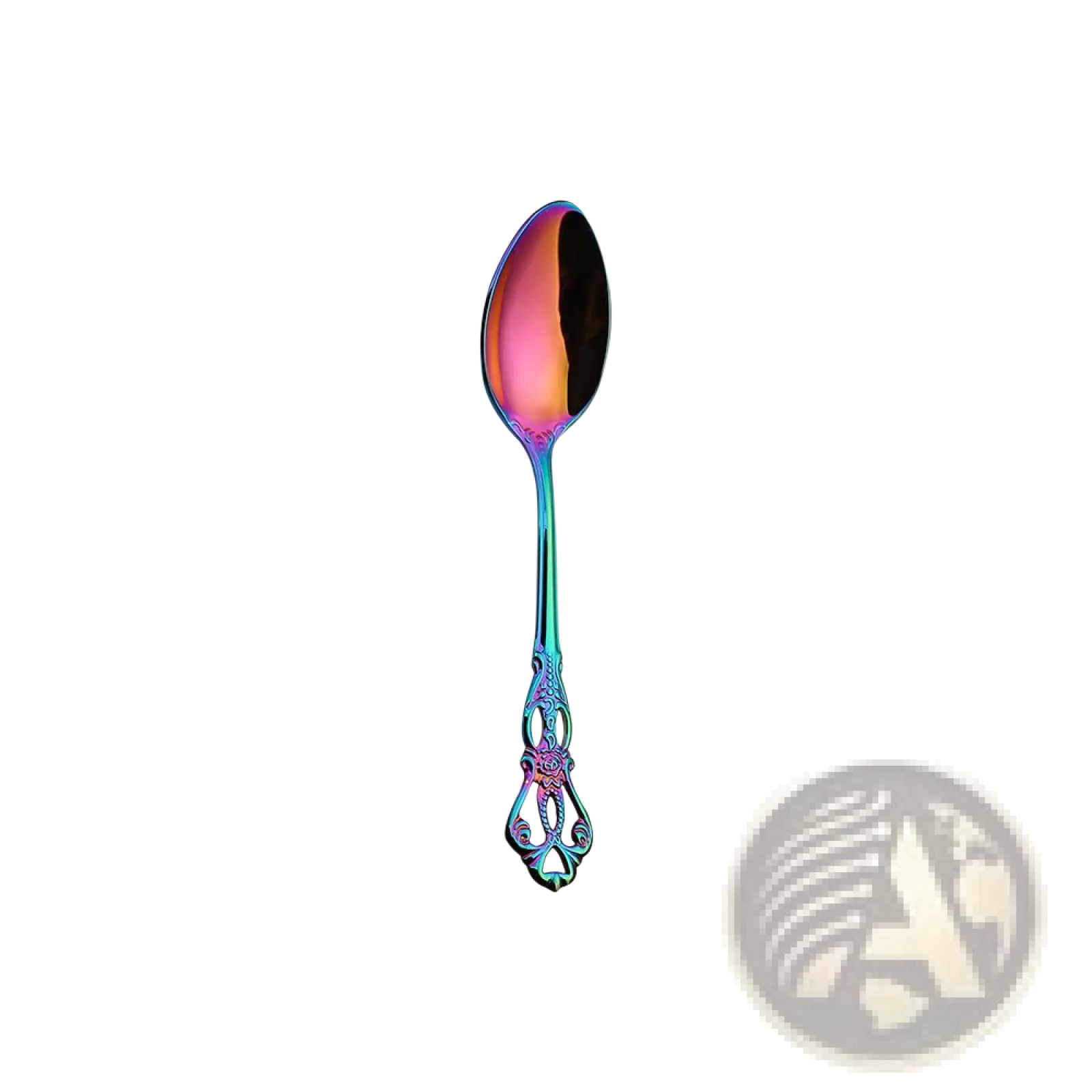 Royal court stainless steel cutlery set iridescent spoon with ornate handle and rainbow reflective bowl