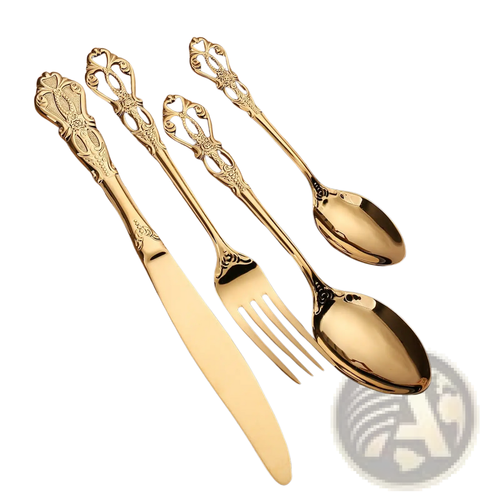 Royal court stainless steel cutlery set with box featuring four ornate gold-toned pieces with floral scrollwork handles