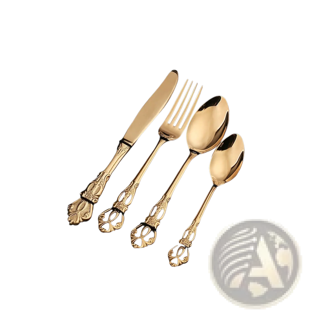 Golden royal court stainless steel cutlery set with ornate vintage handles and polished metallic blades
