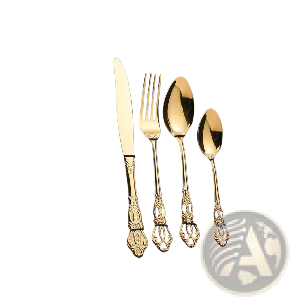 Royal court stainless steel cutlery set with golden ornate design in a black gift box for elegant dining