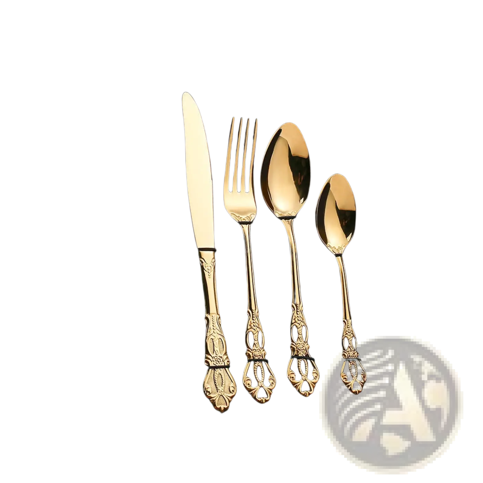 Royal court stainless steel cutlery set with golden ornate design in a black gift box for elegant dining
