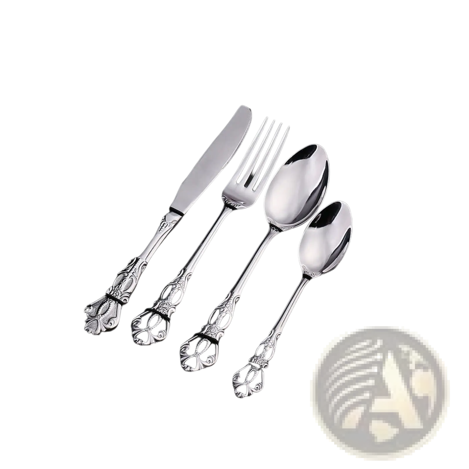 Silver ornate stainless steel cutlery set with skull-themed handles including knife fork and spoons in black box