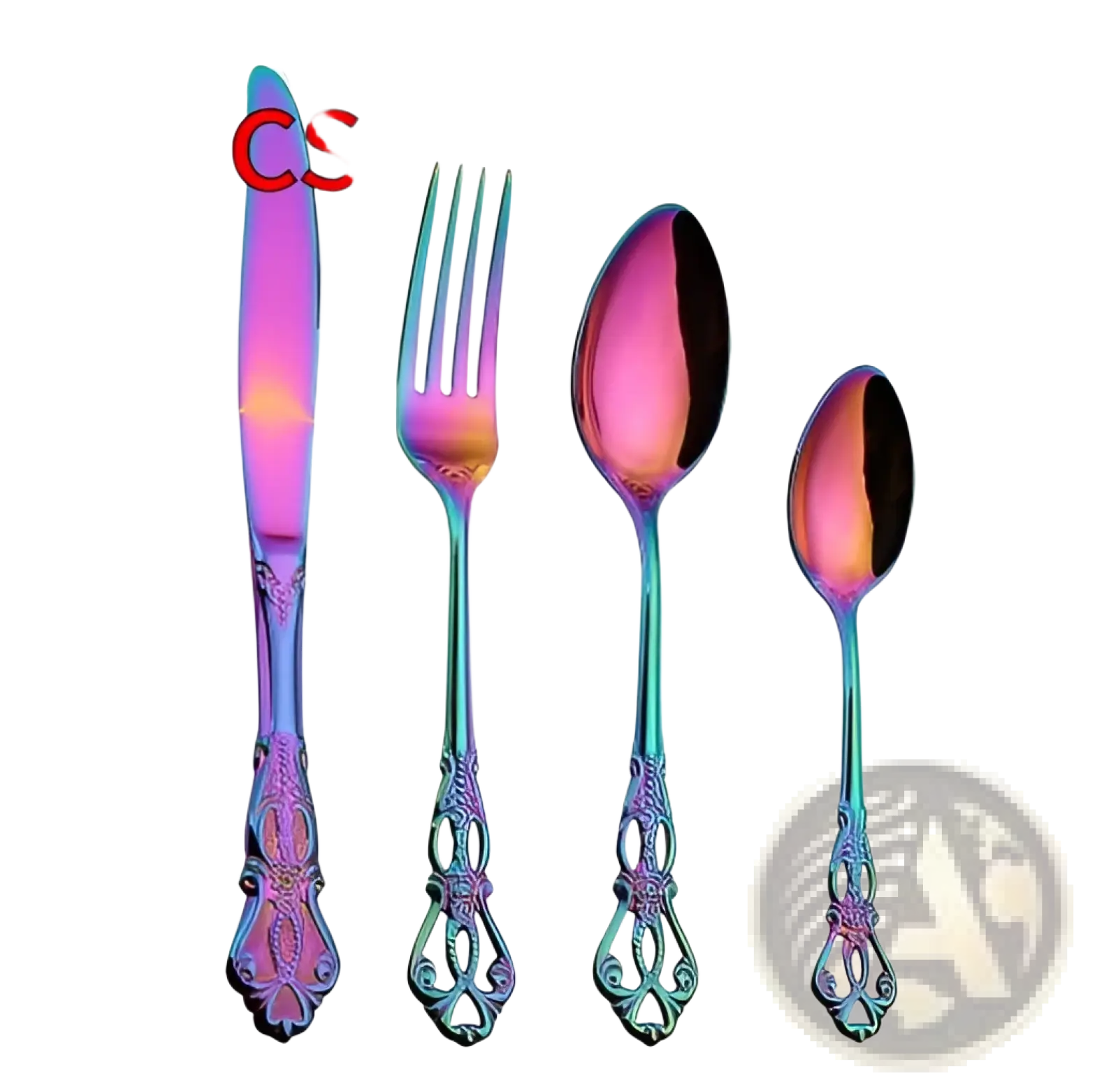 Royal Court stainless steel cutlery set with iridescent rainbow finish and ornate vintage-style handles in a box