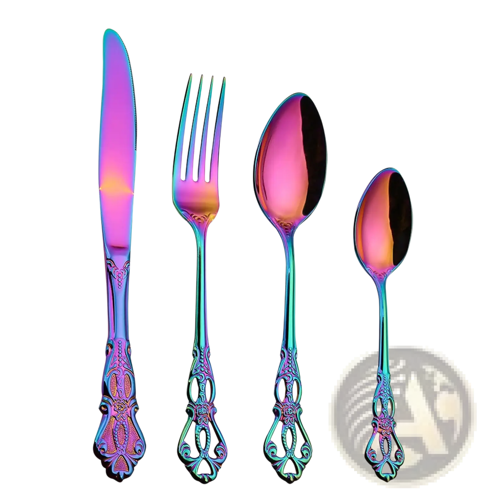 Royal court stainless steel cutlery set with iridescent rainbow finish and ornate vintage-inspired handles in a box
