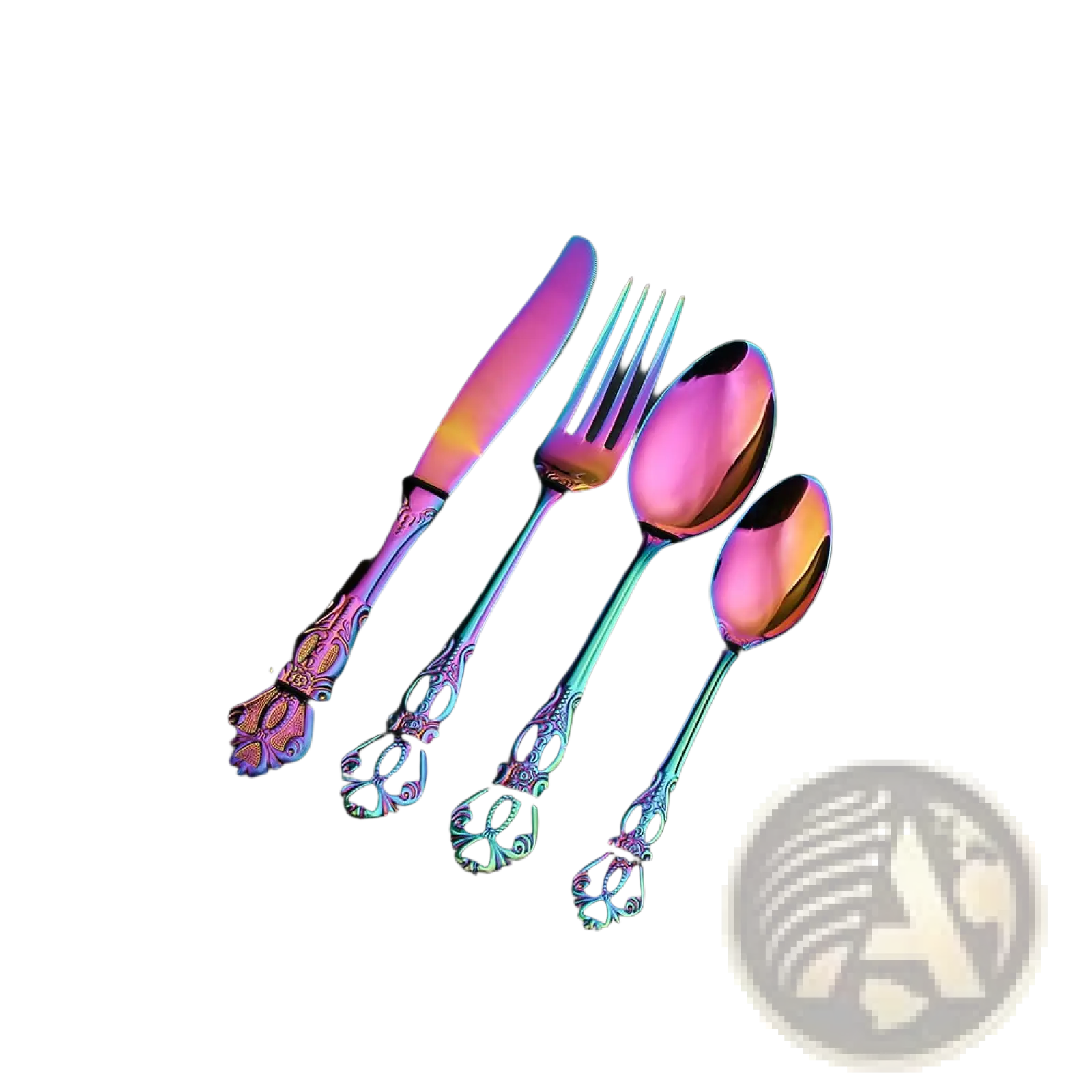 Royal court stainless steel cutlery set with box featuring four iridescent pieces with ornate colorful handles and reflective blades