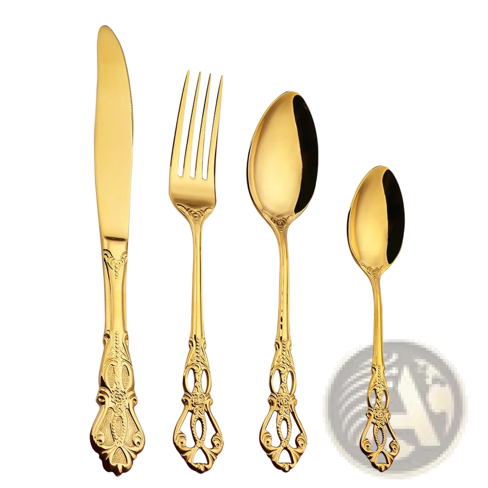 Royal court stainless steel cutlery set with golden ornate floral and scrollwork detailing on the handles