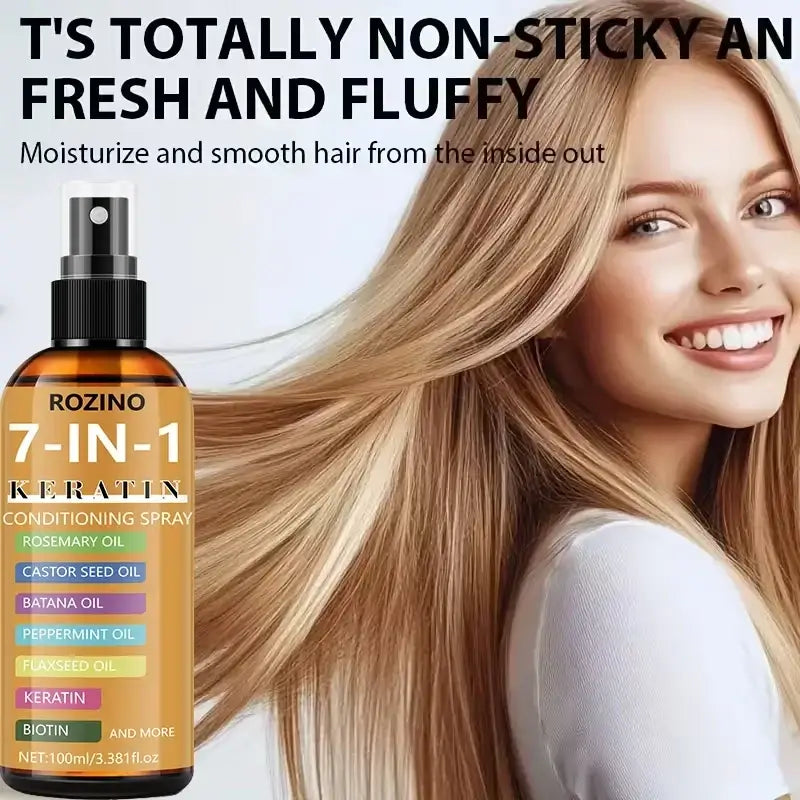 Rozino 7-in-1 keratin hair spray in amber glass bottle with black nozzle featuring natural plant seed oils like rosemary and castor oil