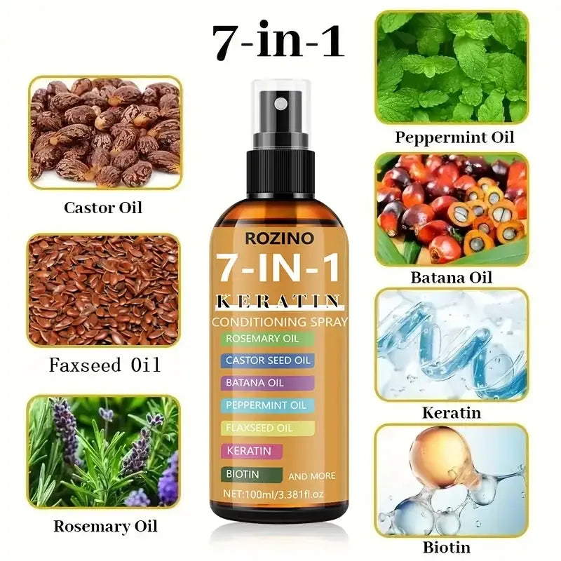 Amber glass bottle with black spray nozzle of rozino 7-in-1 keratin hair spray with natural plant seed oils and ingredients
