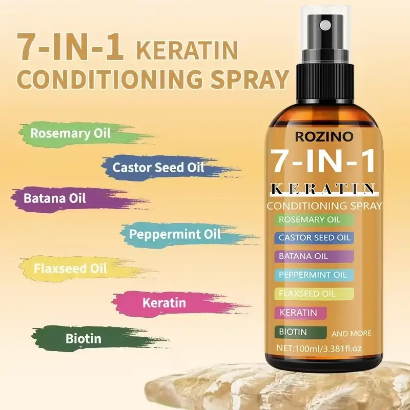 Amber glass bottle of Rozino 7-in-1 keratin hair spray with black nozzle featuring natural plant seed oils label