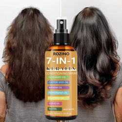 Amber glass bottle of rozino 7-in-1 keratin hair spray with natural plant seed oils like rosemary and castor seed oil