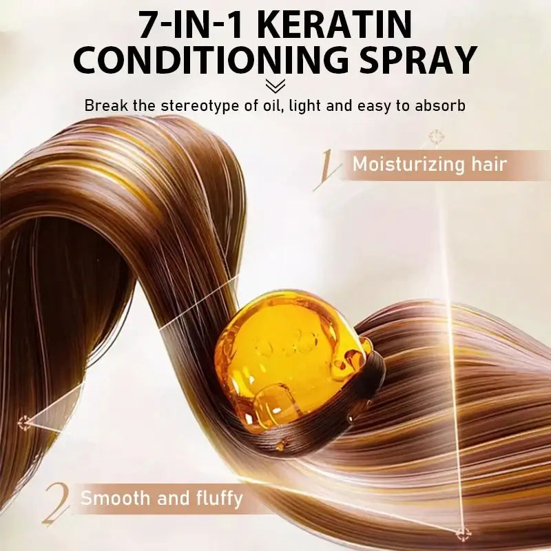 Rozino 7-in-1 keratin hair spray bottle in golden amber nestled within glossy brown hair with natural plant seed oils