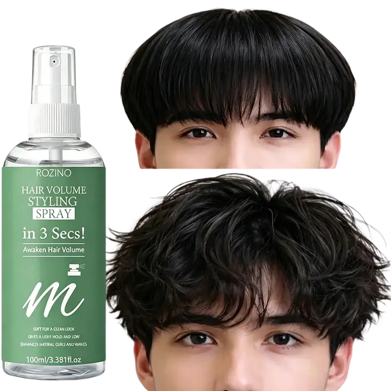 A clear glass bottle of Rozino hair care volumizing spray with white nozzle for all hair types and elasticity