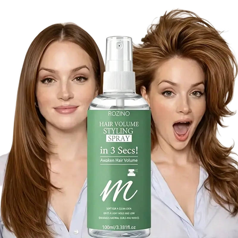 Green bottle of Rozino hair care volumizing spray with white nozzle and clear glass body for all hair types and elasticity
