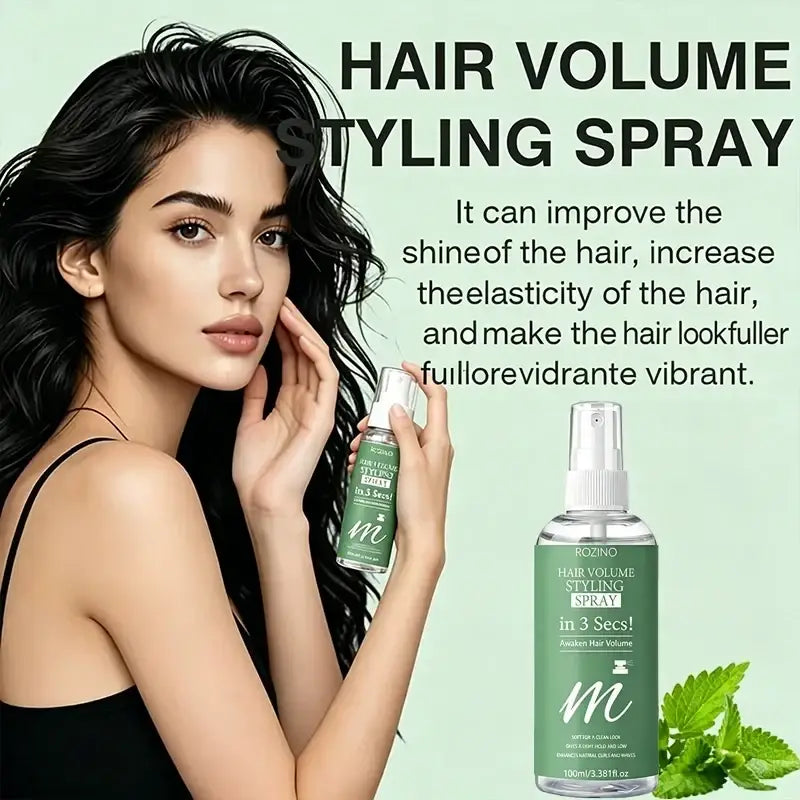 Green glass bottle with white spray nozzle labeled rozino hair care volumizing spray for all hair types enhancing hair elasticity