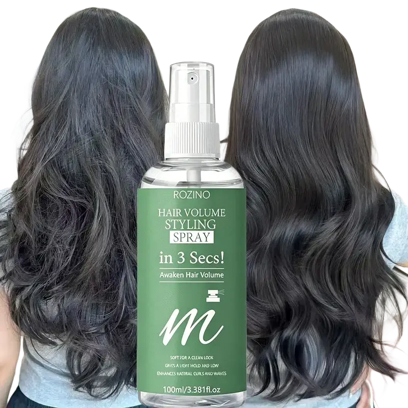 Rozino hair care volumizing spray in a clear bottle with white nozzle enhances hair volume and elasticity for all hair types