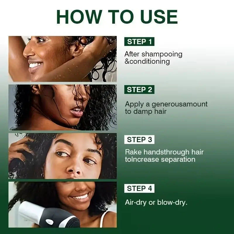 A green and white instructional guide for Rozino hair care volumizing spray showing step-by-step use on curly hair types