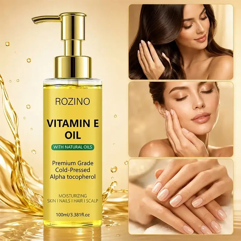 Gold pump bottle of Rozino vitamin e care oil with clear liquid and yellow label to soften dry skin