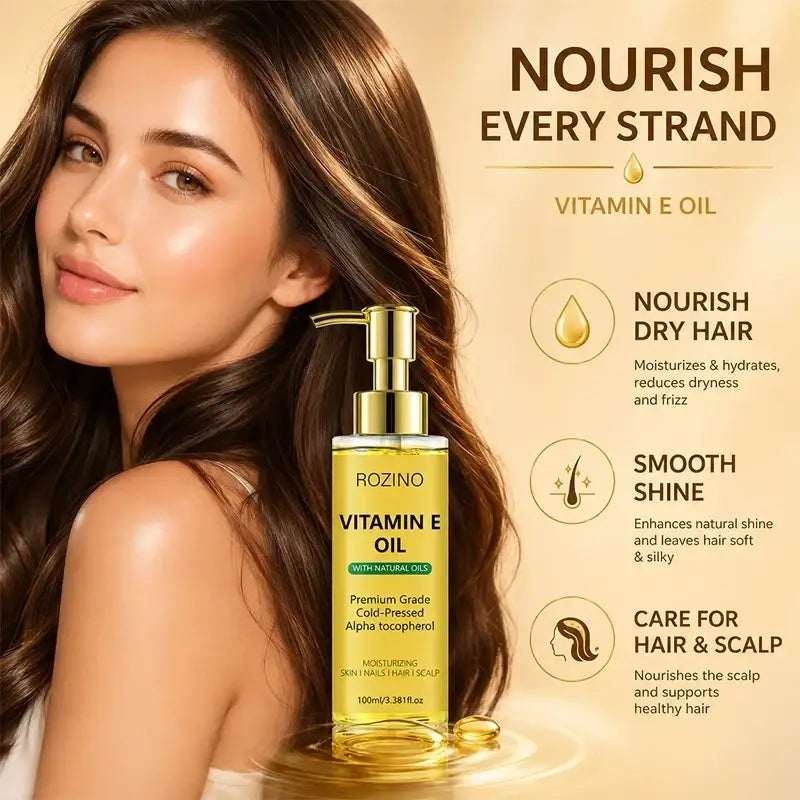 Gold pump bottle of Rozino vitamin e care oil with clear glass body and yellow liquid to soften dry skin
