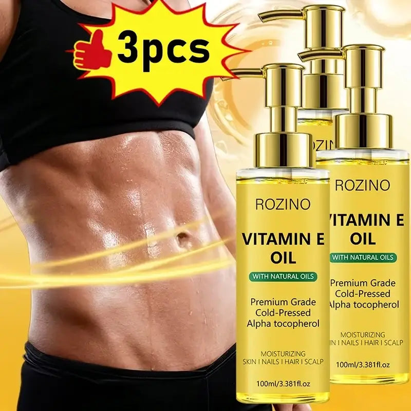 Gold-toned rozino vitamin e care oil pump bottles with golden-yellow cold-pressed liquid to soften dry skin