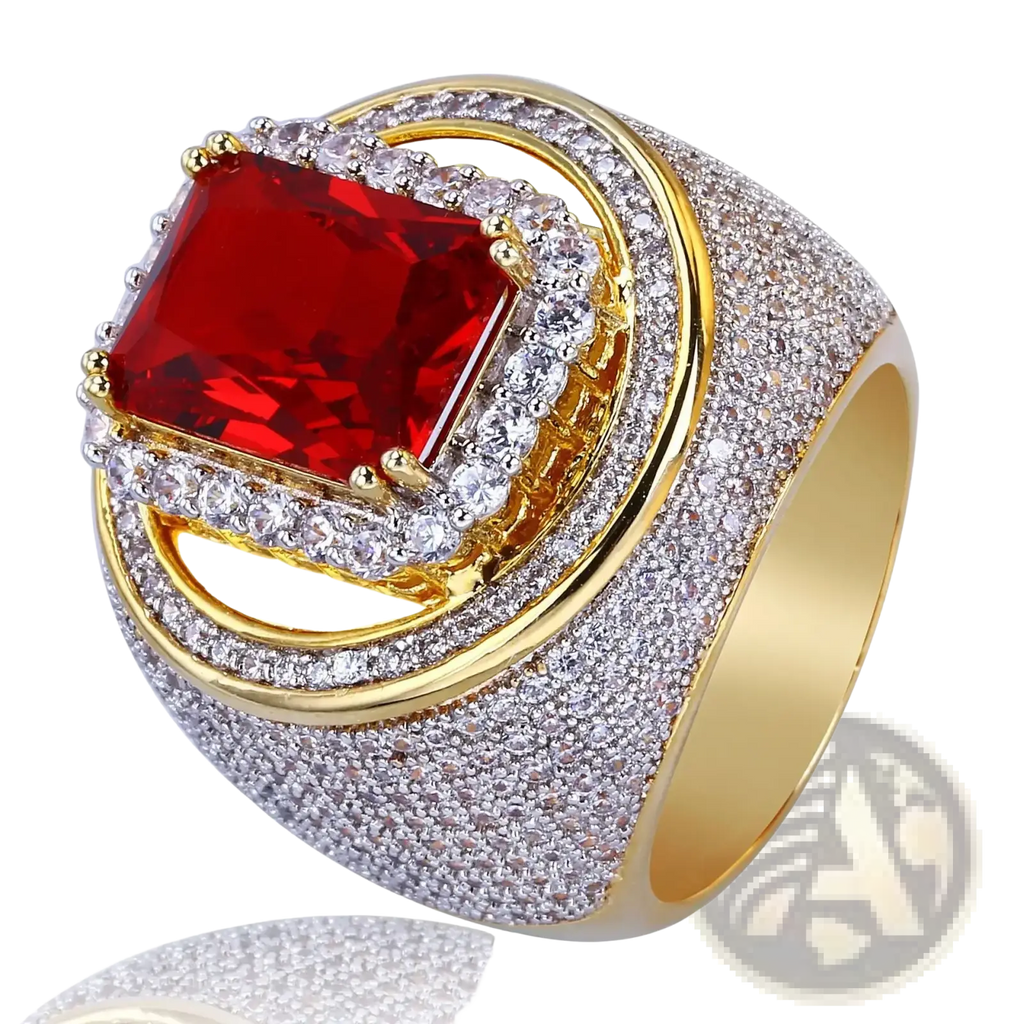 Ruby cz gold filled statement ring with a rectangular red gemstone surrounded by clear crystals and pave design