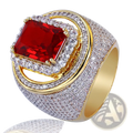 Ruby cz gold filled statement ring with a rectangular red gemstone surrounded by clear crystals and pave design