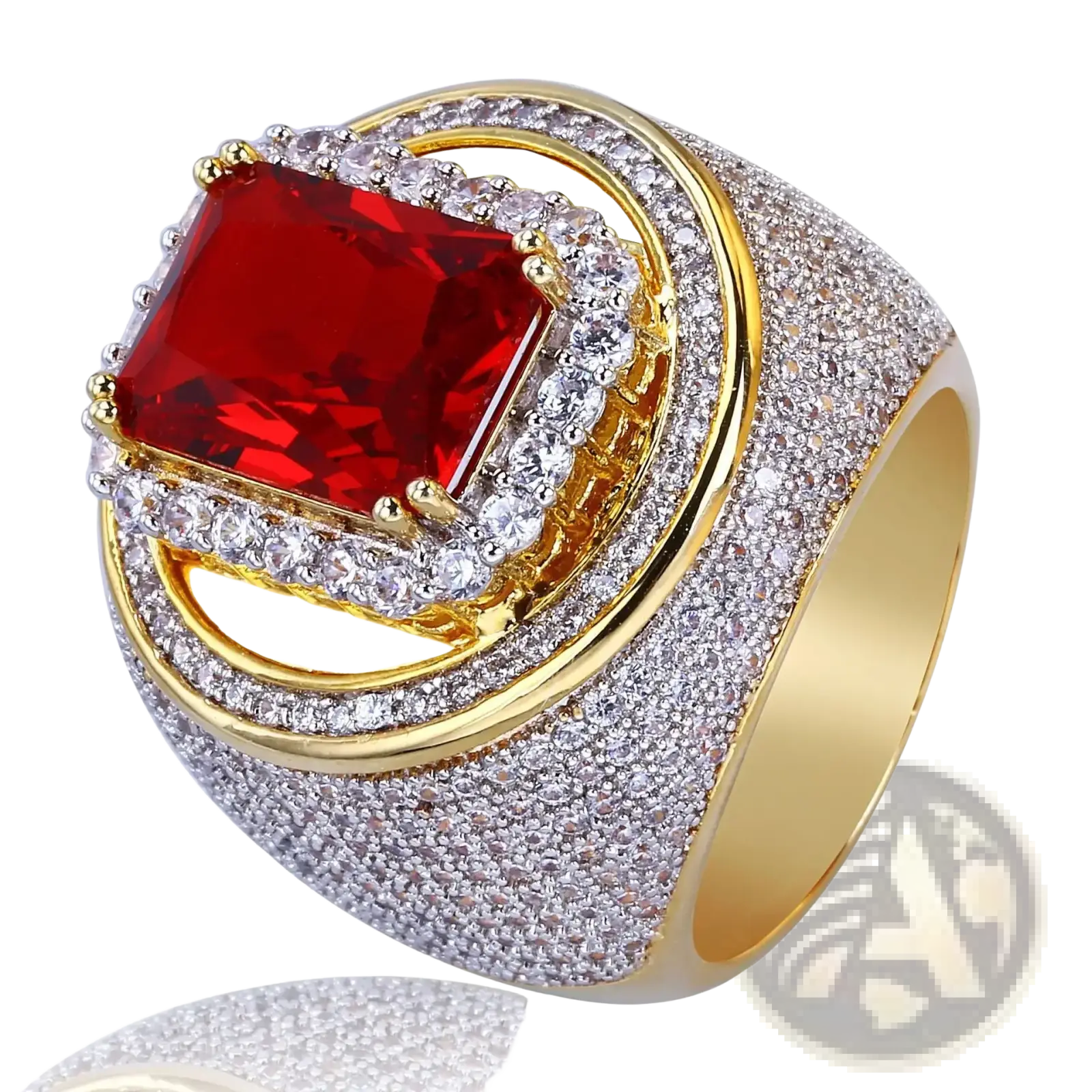 Ruby cz gold filled statement ring with a rectangular red gemstone surrounded by clear crystals and pave design