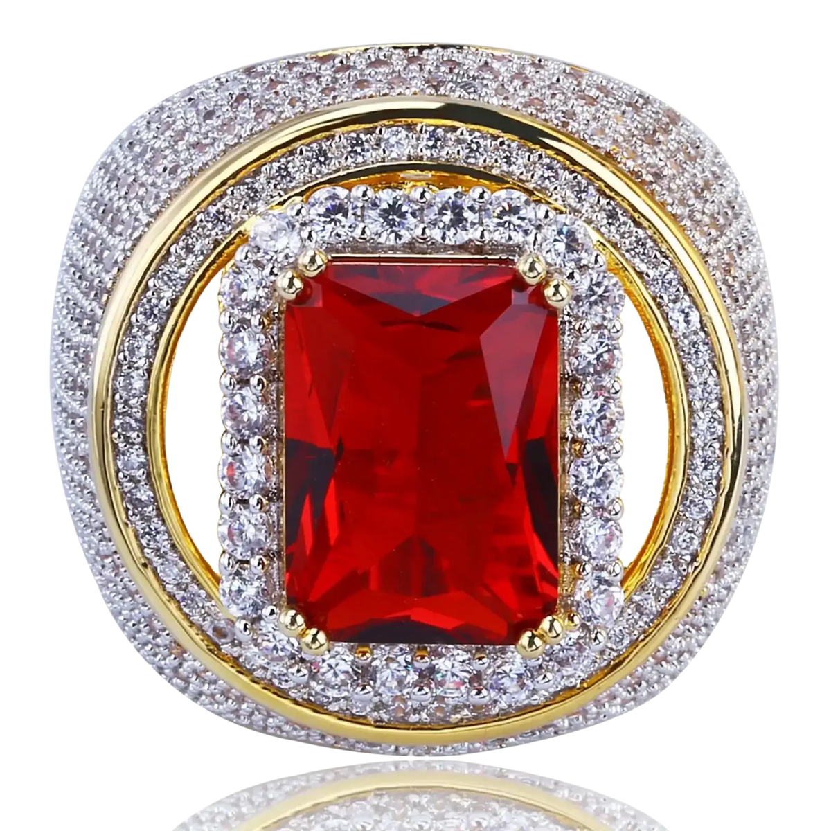 A ruby cz gold filled statement ring with a rectangular red gemstone and two bands of clear crystals