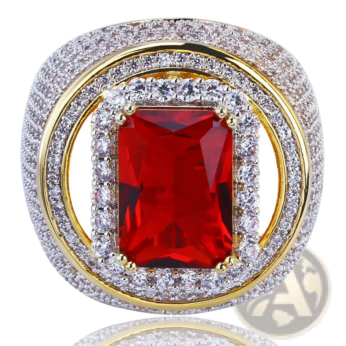 A ruby cz gold filled statement ring with a rectangular red gemstone and two bands of clear crystals