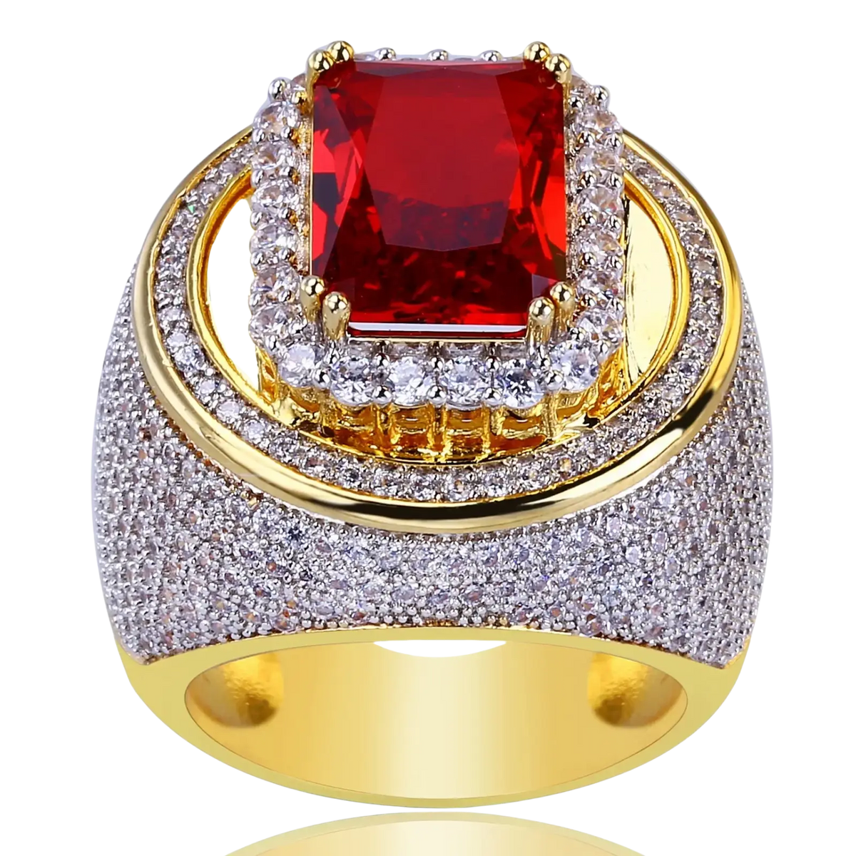 Ruby cz gold filled statement ring with rectangular red gemstone haloed by clear crystals and pavé white stones band