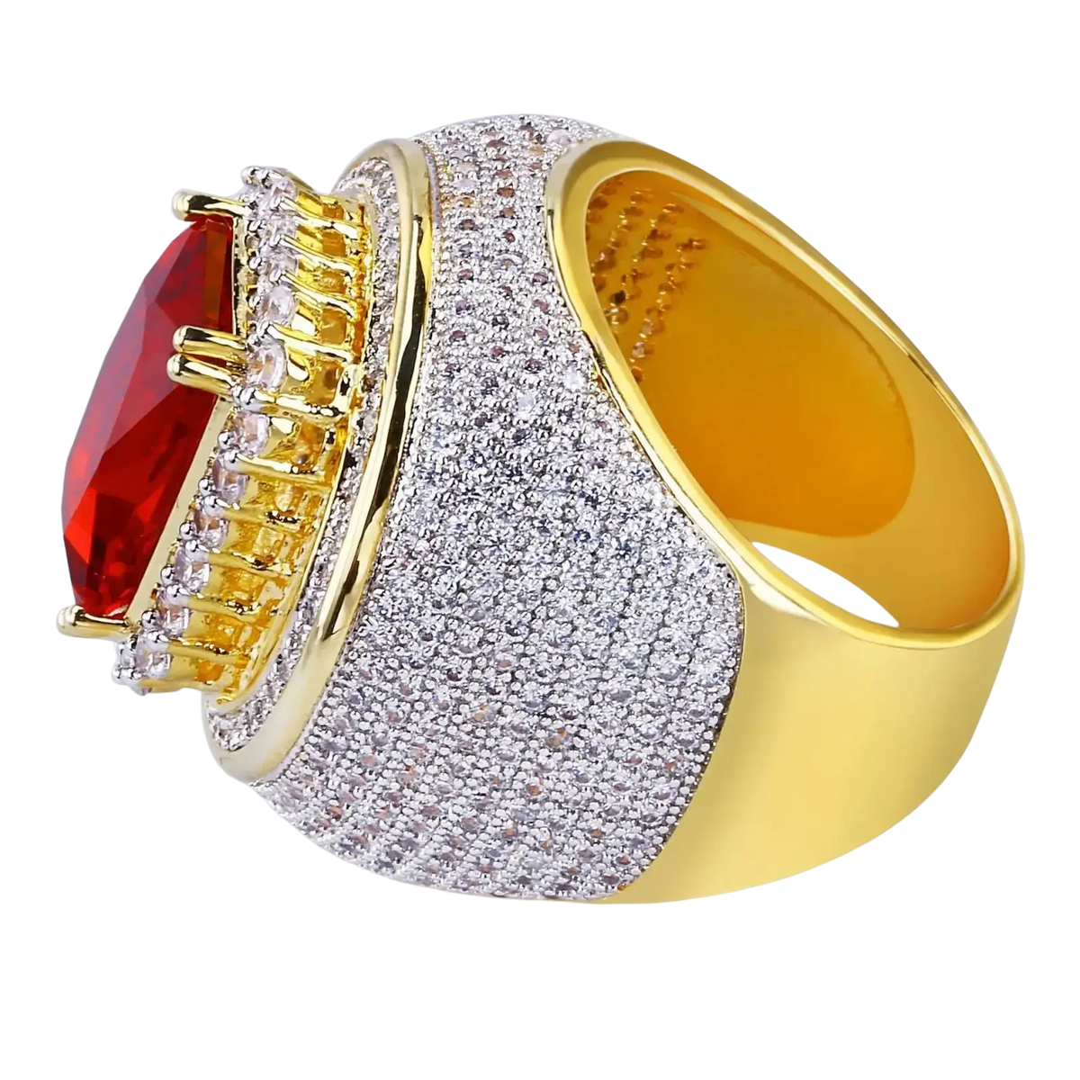 Ruby cz gold filled statement ring with a gold-toned band, red gemstone, and pave diamond icy intricate detailing