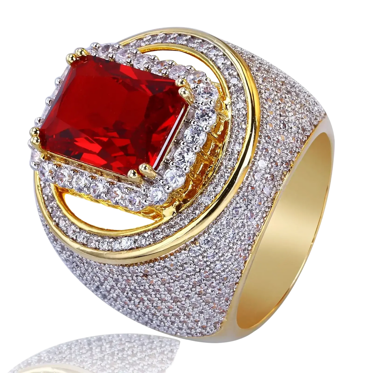 Ruby cz gold filled statement ring with a rectangular red gemstone surrounded by clear crystals and pave design