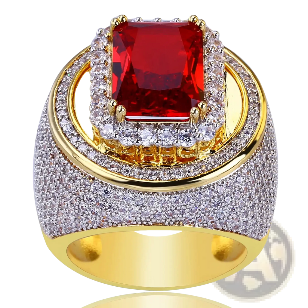 Ruby cz gold filled statement ring with rectangular red gemstone haloed by clear crystals and pavé white stones band