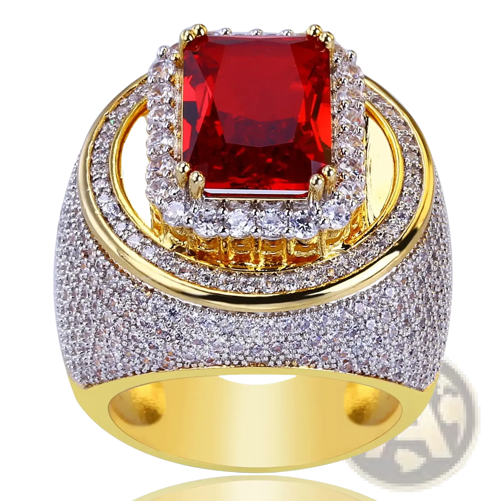 Ruby cz gold filled statement ring with rectangular red gemstone haloed by clear crystals and pavé white stones band