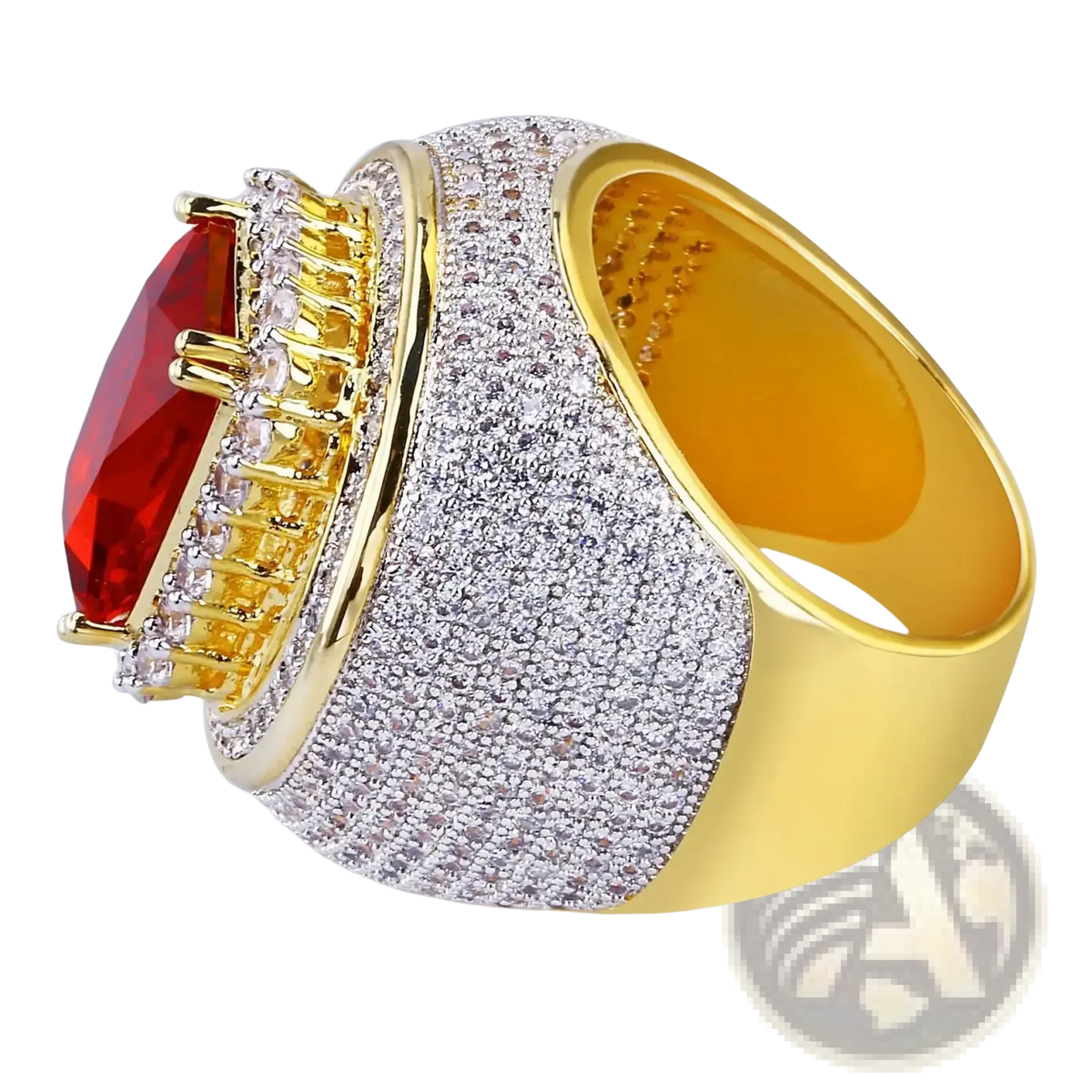 Ruby cz gold filled statement ring with a gold-toned band, red gemstone, and pave diamond icy intricate detailing