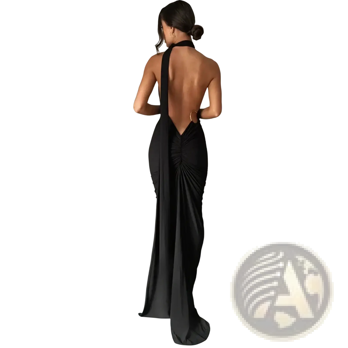 Black satin ruched backless bodycon formal maxi dress shown from the back with halter neck and plunging detail