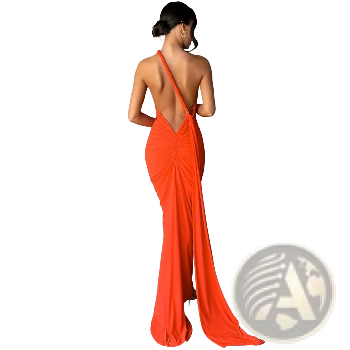 Vibrant orange ruched backless bodycon formal maxi dress shown from the back with deep cutout and draped fabric details