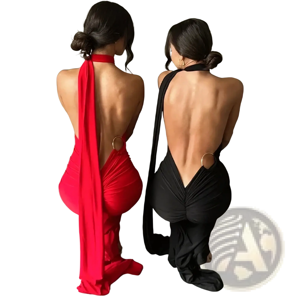 Back view of red and black ruched backless bodycon formal maxi dresses with gold hoop details and halter necks