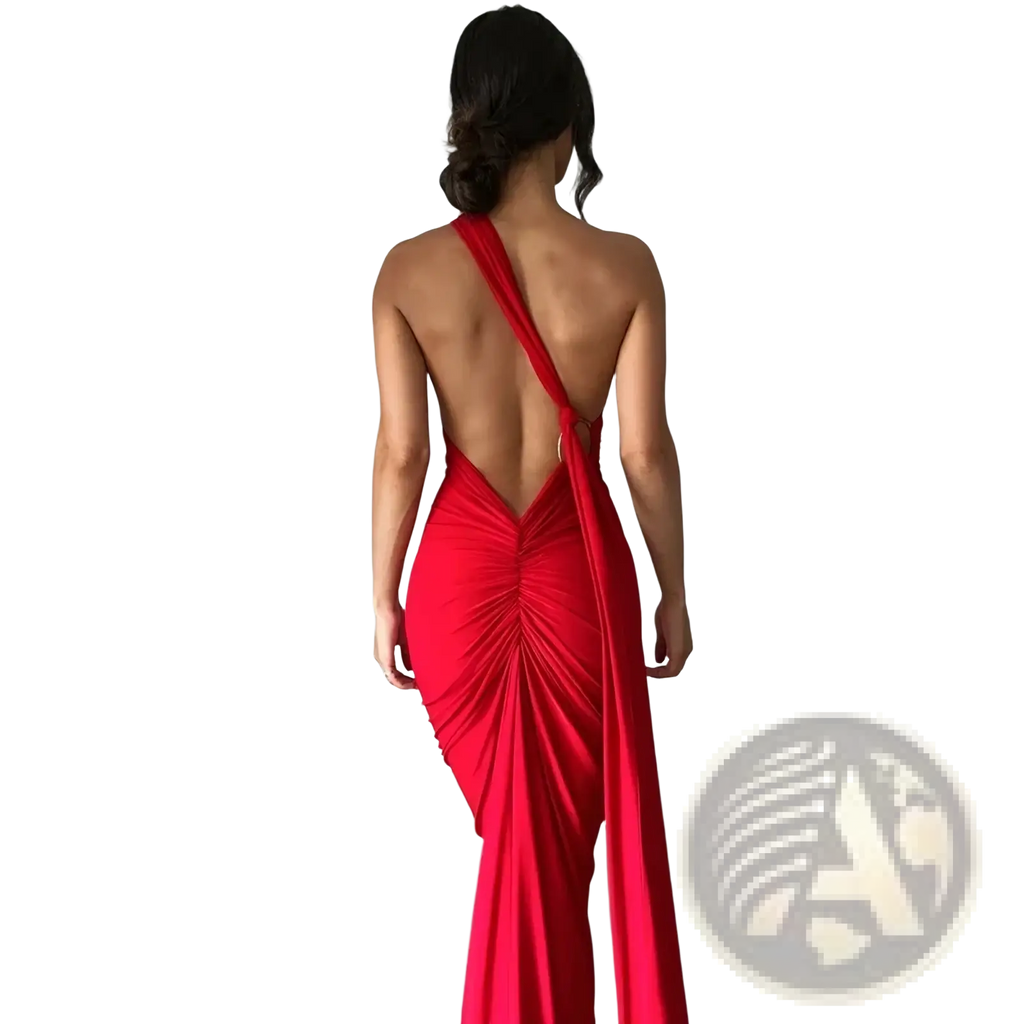 Red ruched backless bodycon formal maxi dress shown from the back with dramatic open back and form-fitting silhouette