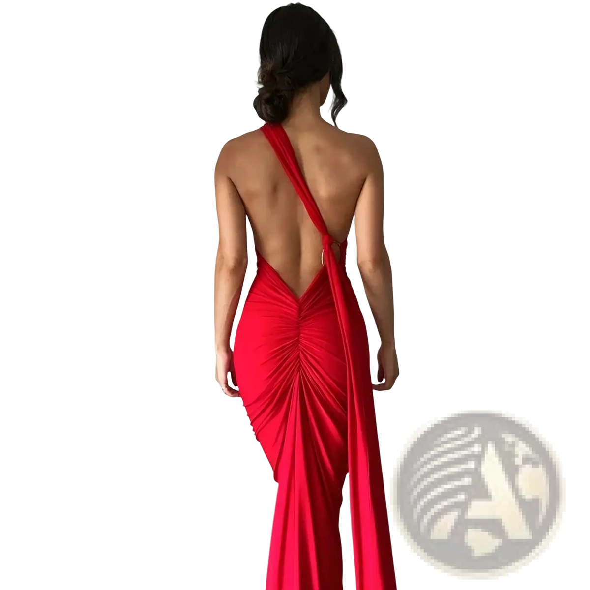 Red ruched backless bodycon formal maxi dress shown from the back with dramatic open back and form-fitting silhouette