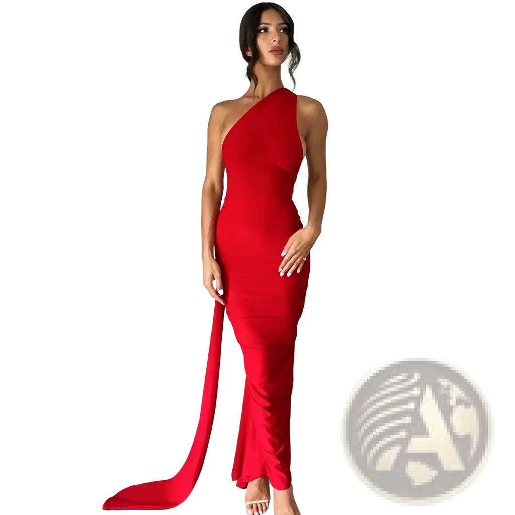 Red one-shoulder ruched backless bodycon formal maxi dress with sleek silhouette and long trailing train shown from back