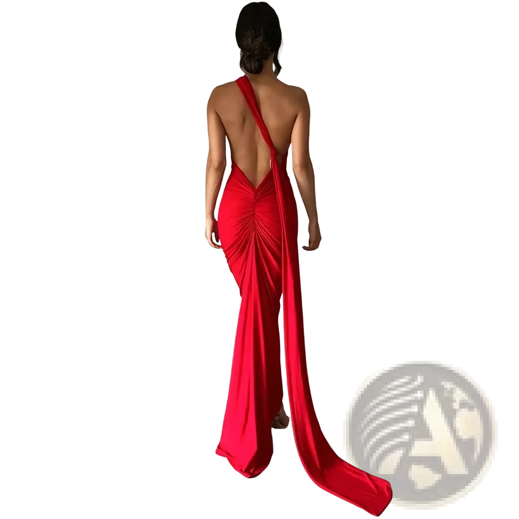 Red ruched backless bodycon formal maxi dress shown from the back with one-shoulder design and flowing train