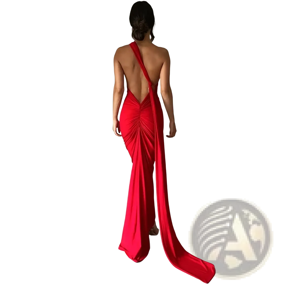 Red ruched backless bodycon formal maxi dress shown from the back with one-shoulder design and flowing train