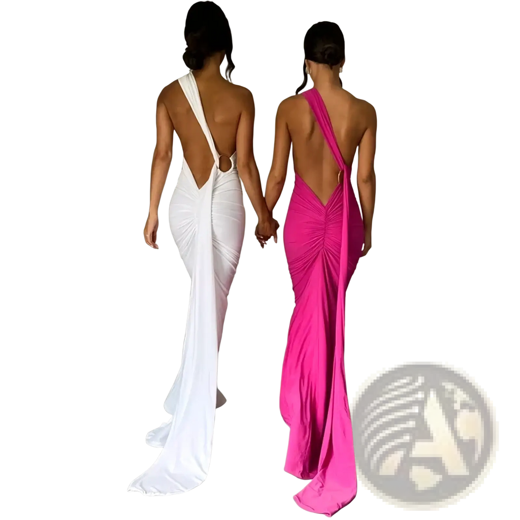 Two women wear matching one-shoulder ruched backless bodycon formal maxi dresses in white and fuchsia pink shown from the back