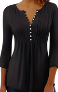 Black ruched button front crew neck blouse with three quarter sleeves pleated front and white buttons down center