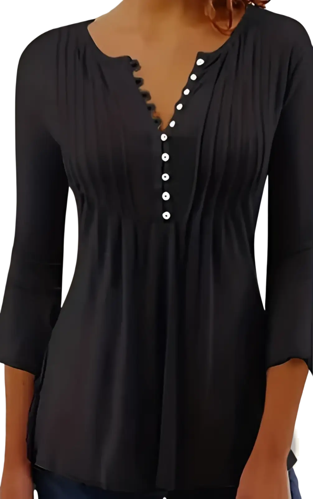 Black ruched button front crew neck blouse with three quarter sleeves pleated front and white buttons down center